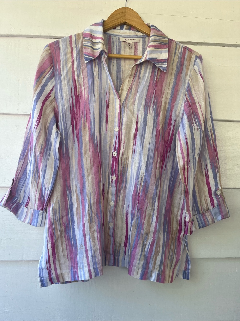 Lightweight Striped Button-Front Blouse 100% Linen Multicolored 12